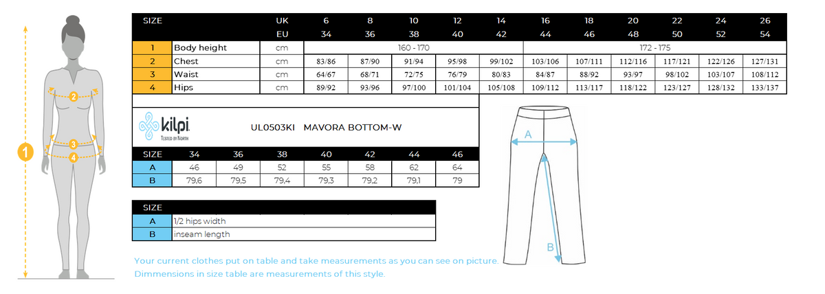 Women's base layer Kilpi MAVORA BOTTOM-W – Size chart