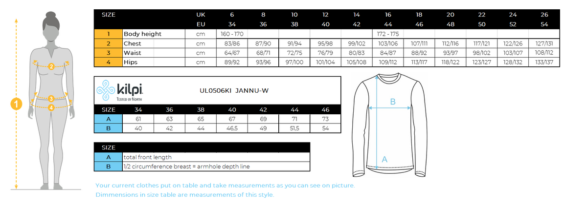 Women's base layer Kilpi JANNU-W – Size chart