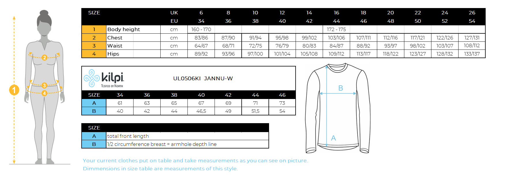 Women's base layer Kilpi JANNU-W – Size chart