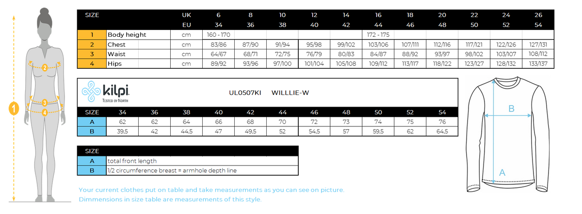 Women´s base layer Kilpi WILLIE-W – Size chart