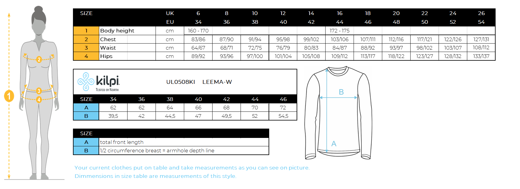 Women's base layer Kilpi LEEMA-W – Size chart
