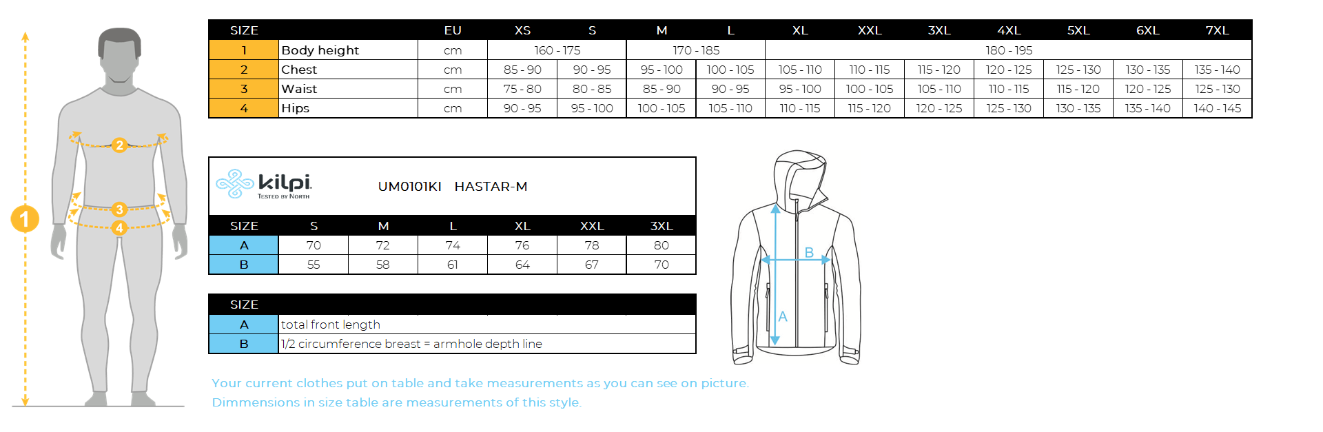 Men´s outdoor jacket Kilpi HASTAR-M – Size chart