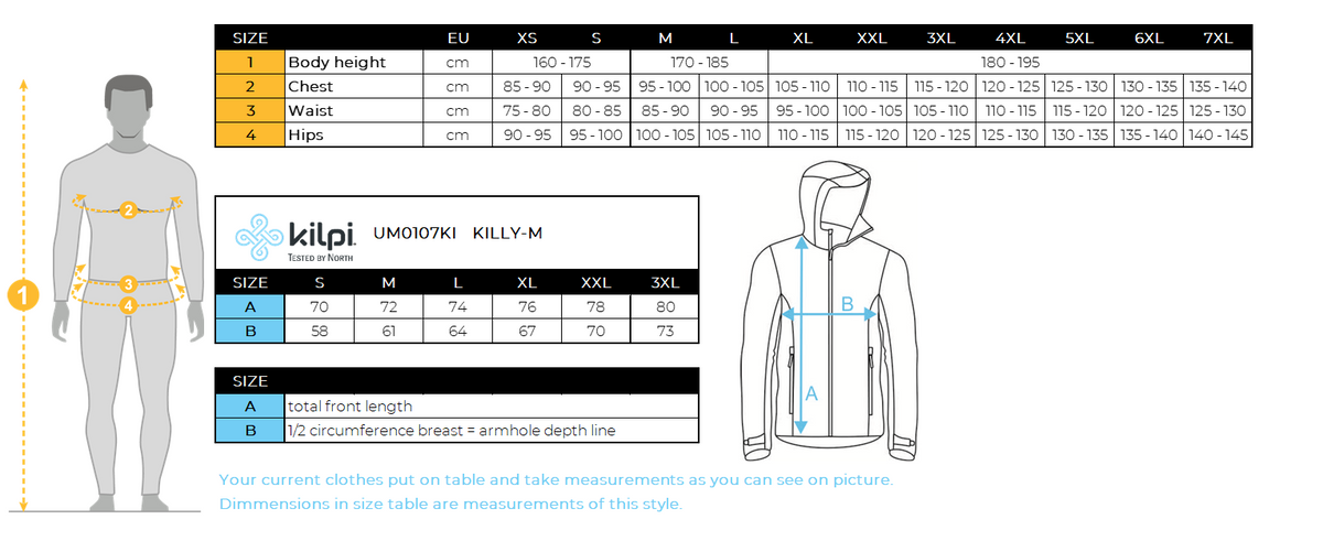 Men´s ski jacket Kilpi KILLY-M – Size chart