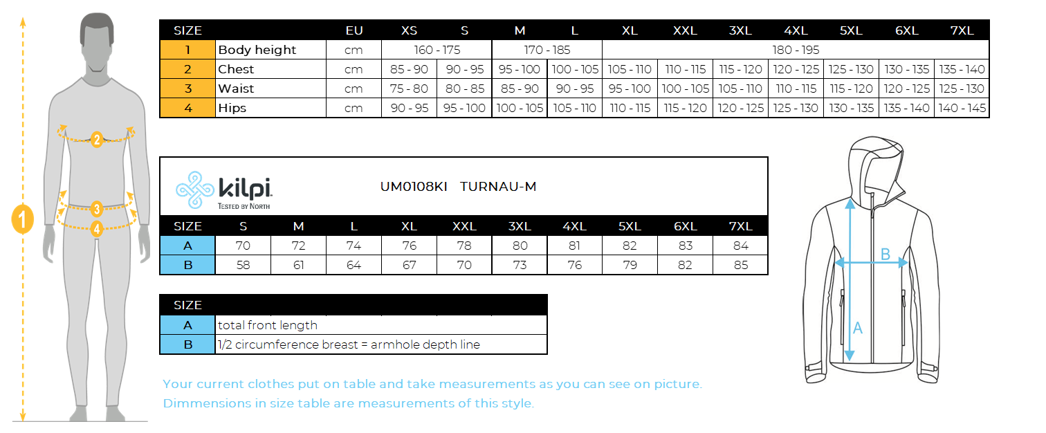 Men´s ski jacket Kilpi TURNAU-M – Size chart