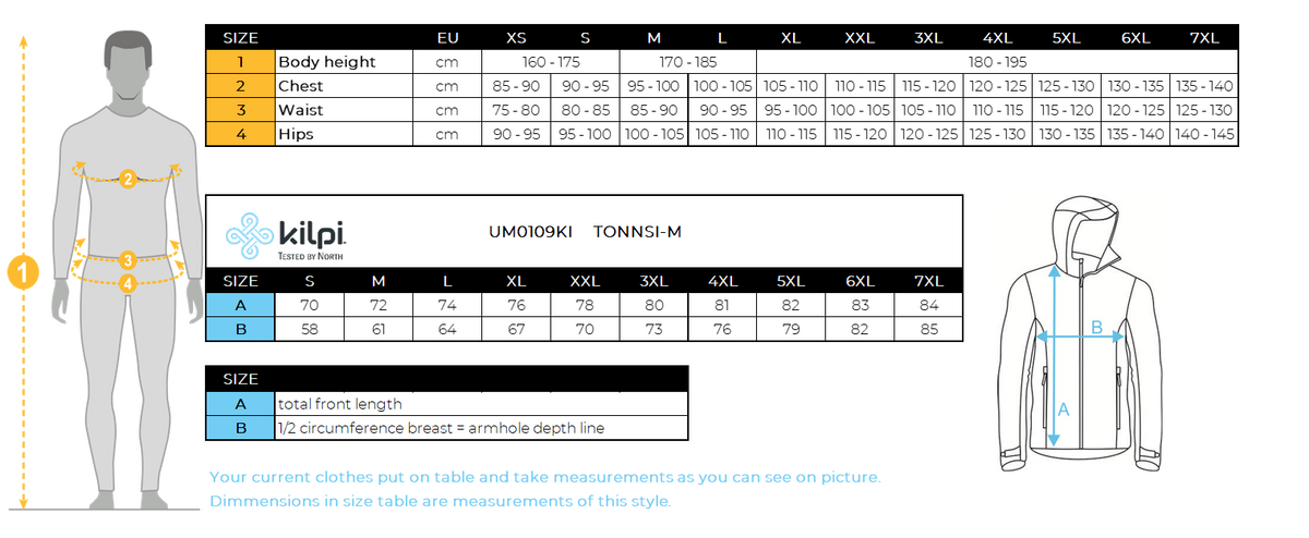 Men´s ski jacket Kilpi TONNSI-M – Size chart