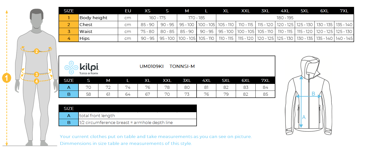 Men´s ski jacket Kilpi TONNSI-M – Size chart
