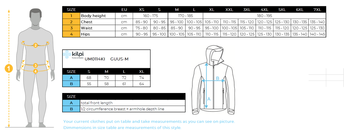 Men´s down jacket Kilpi GUUS-M – Size chart