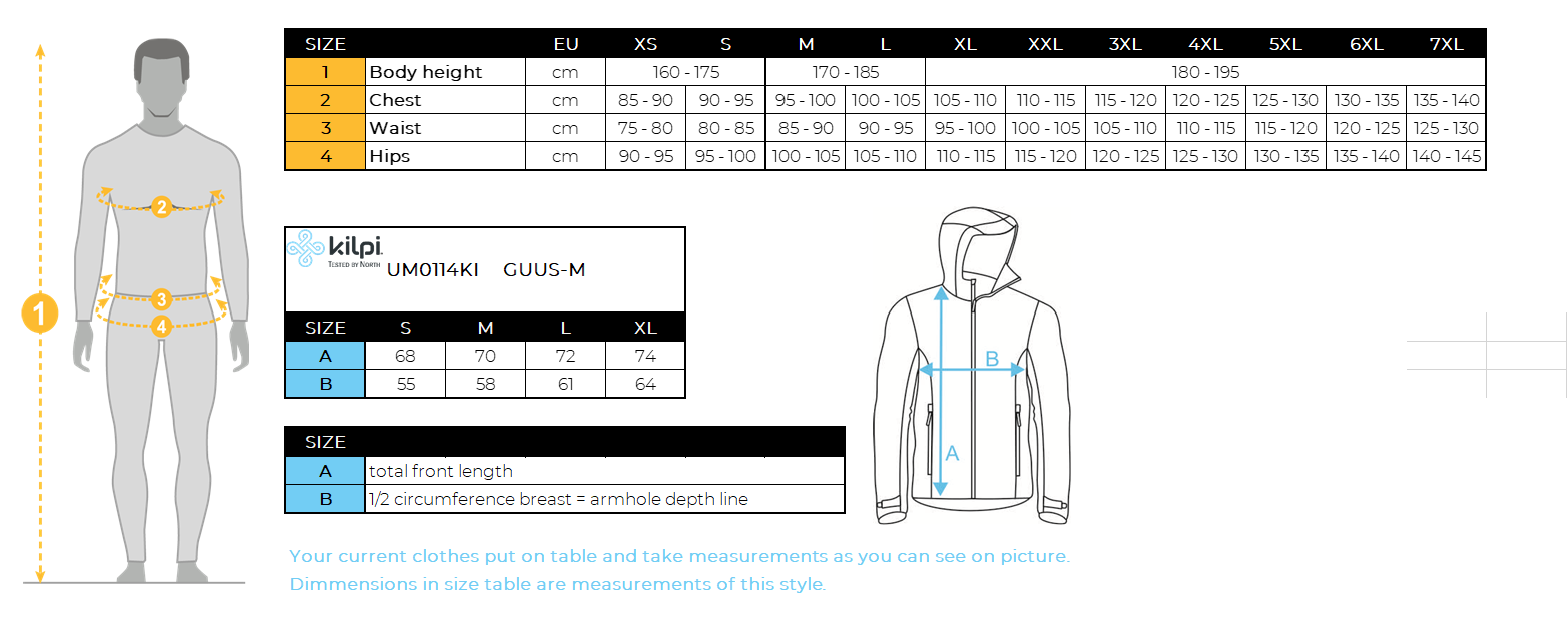 Men´s down jacket Kilpi GUUS-M – Size chart