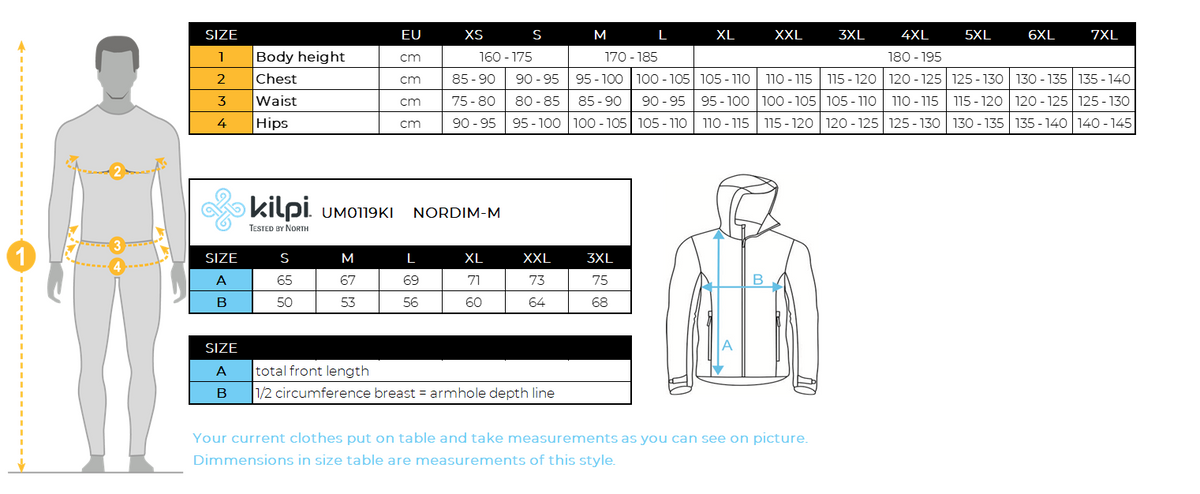 Men´s running jacket Kilpi NORDIM-M – Size chart