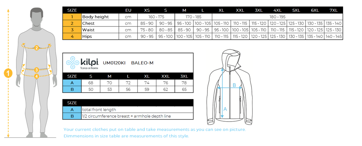 Men´s running jacket Kilpi BALEO-M – Size chart