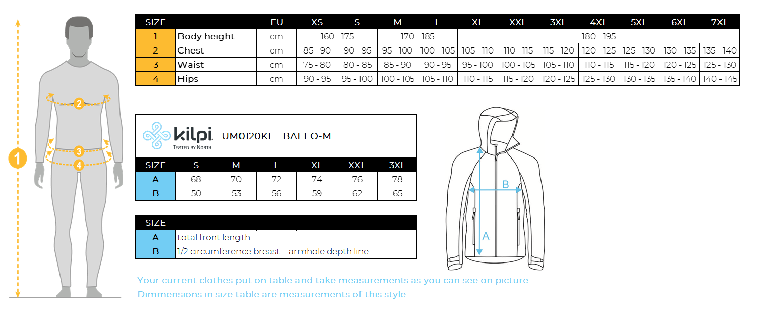 Men´s running jacket Kilpi BALEO-M – Size chart