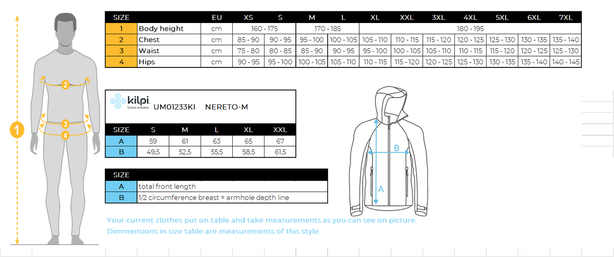 Men´s softshell cycling jacket Kilpi NERETO-M – Size chart