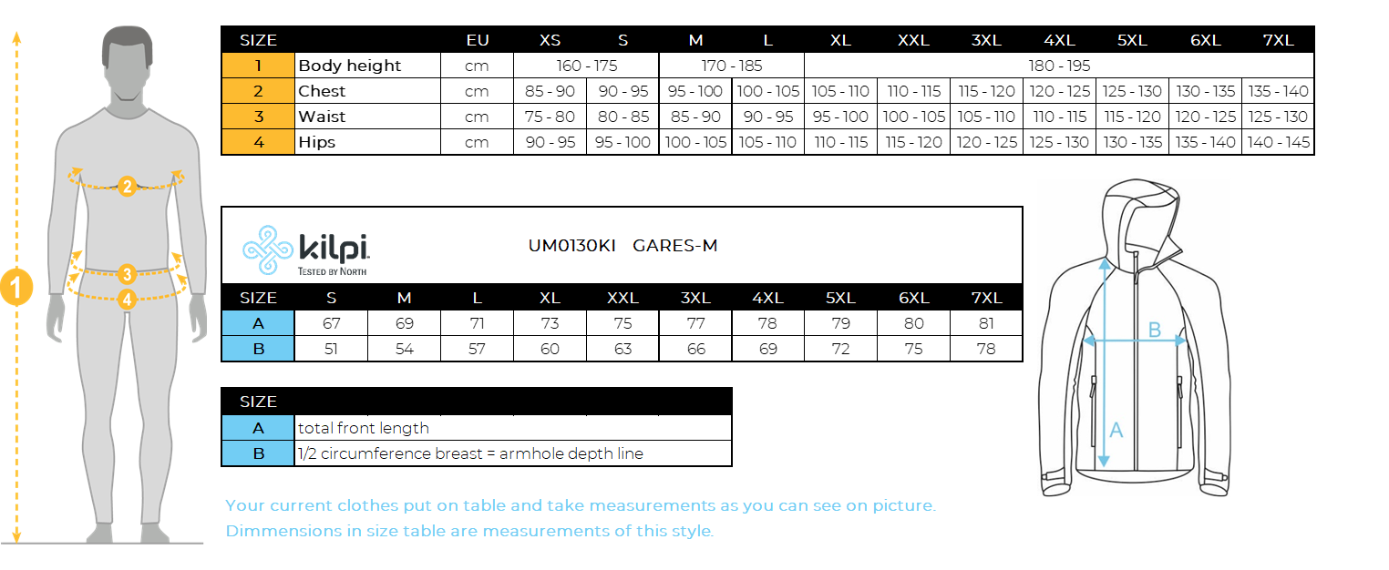 Men´s hybrid insulated jacket Kilpi GARES-M – Size chart