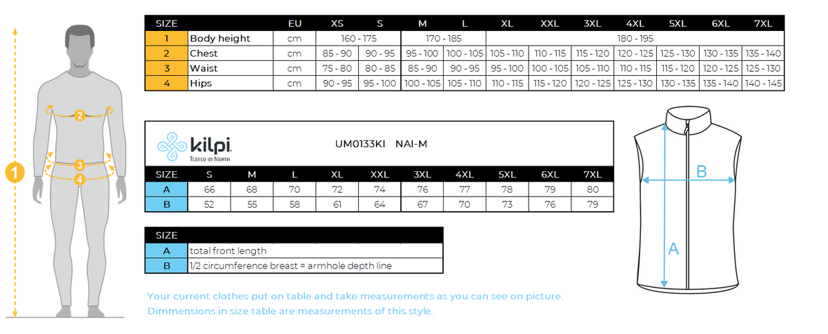 Men´s insulated vest Kilpi NAI-M – Size chart