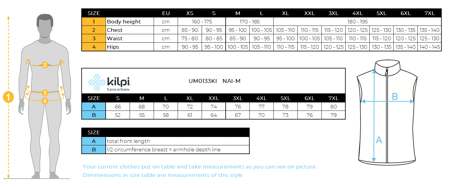Men´s insulated vest Kilpi NAI-M – Size chart
