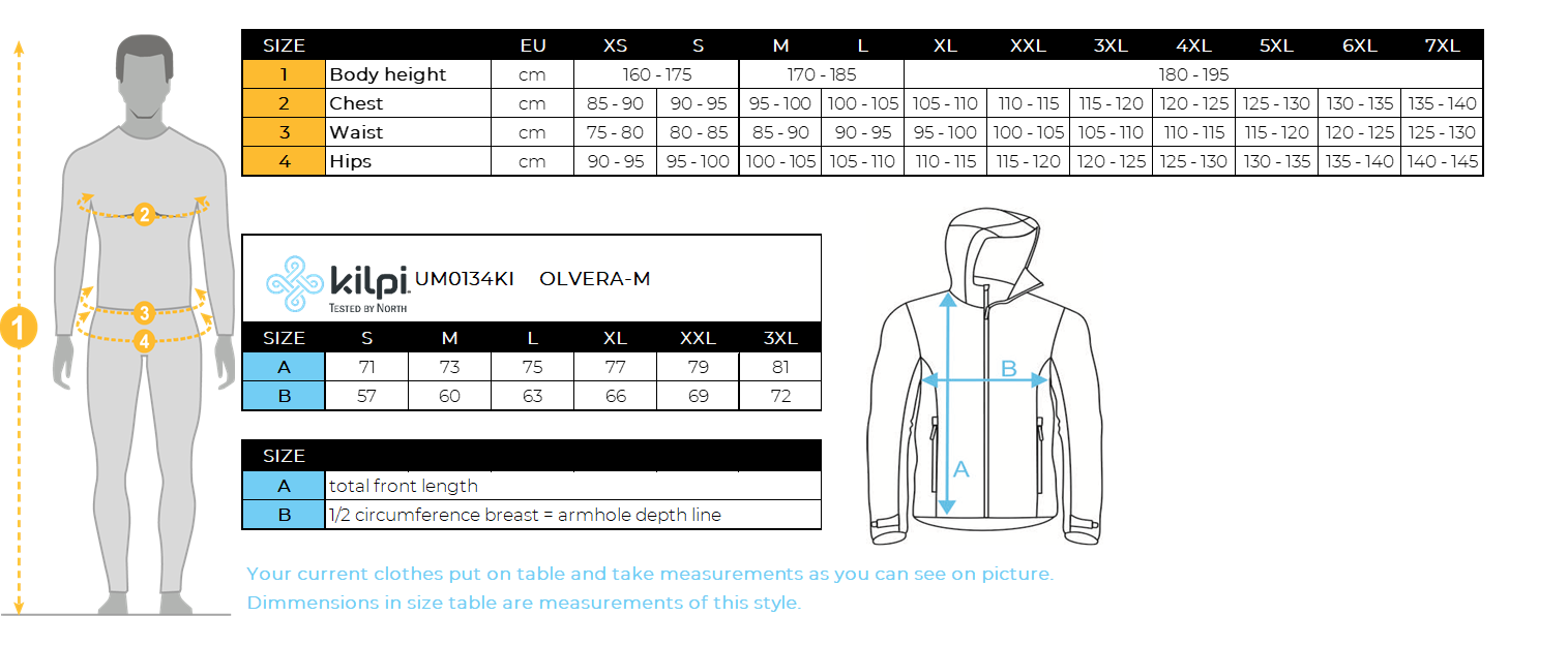 Heren outdoorjas Kilpi OLVERA-M – Maattabel