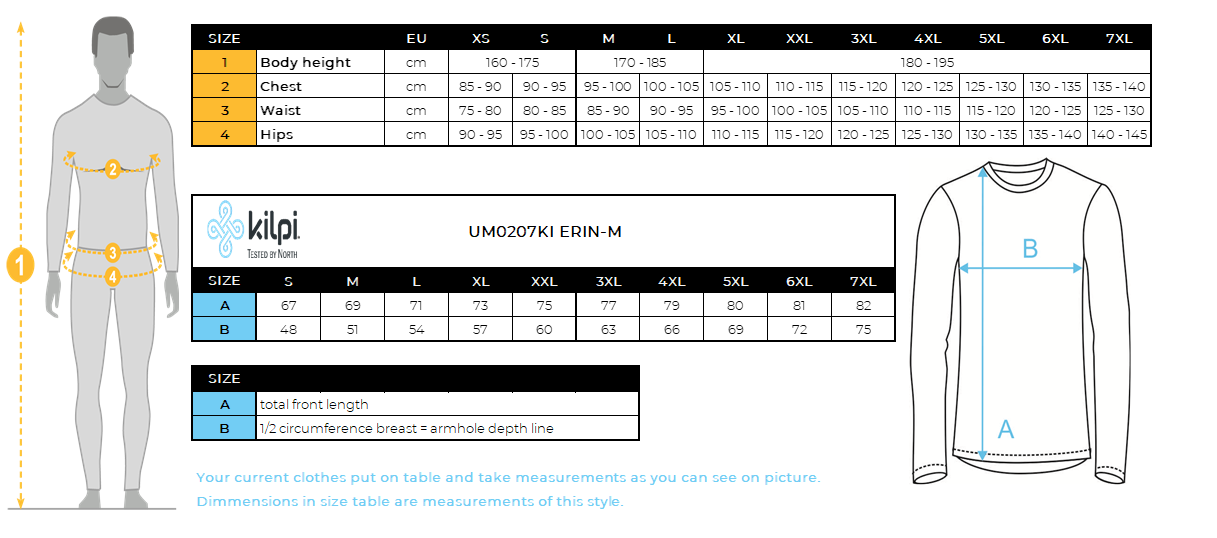 Men´s stretch middle layer KILPI ERIN-M – Size chart