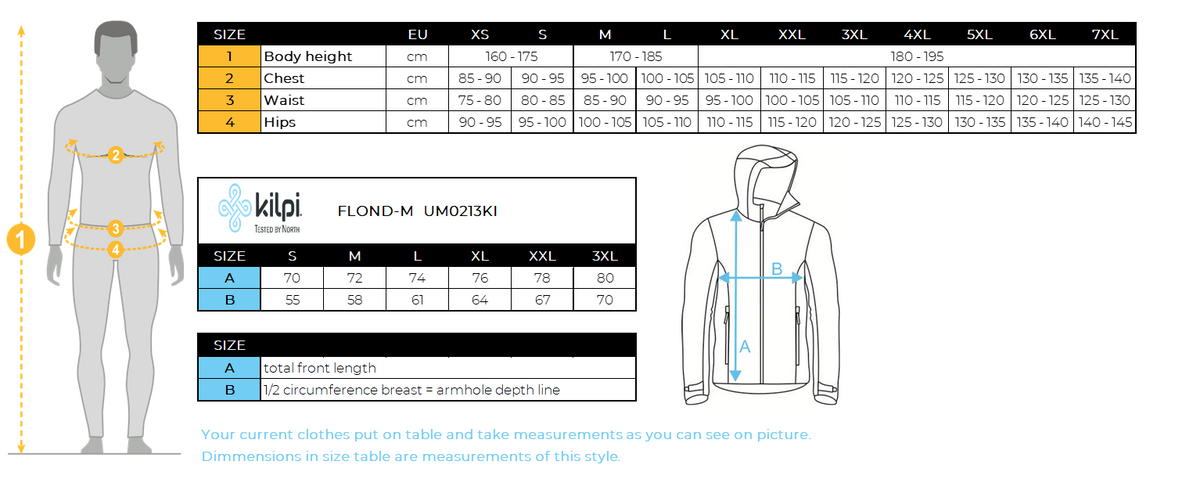 Men´s fleece hoodie Kilpi FLOND-M – Size chart