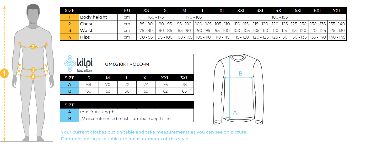 Men´s stretch middle layer Kilpi ROLO-M – Size chart