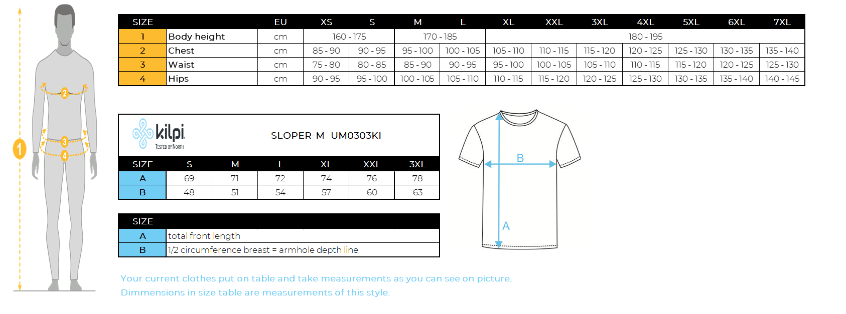 Men´s merino wool T-shirt Kilpi SLOPER-M – Size chart