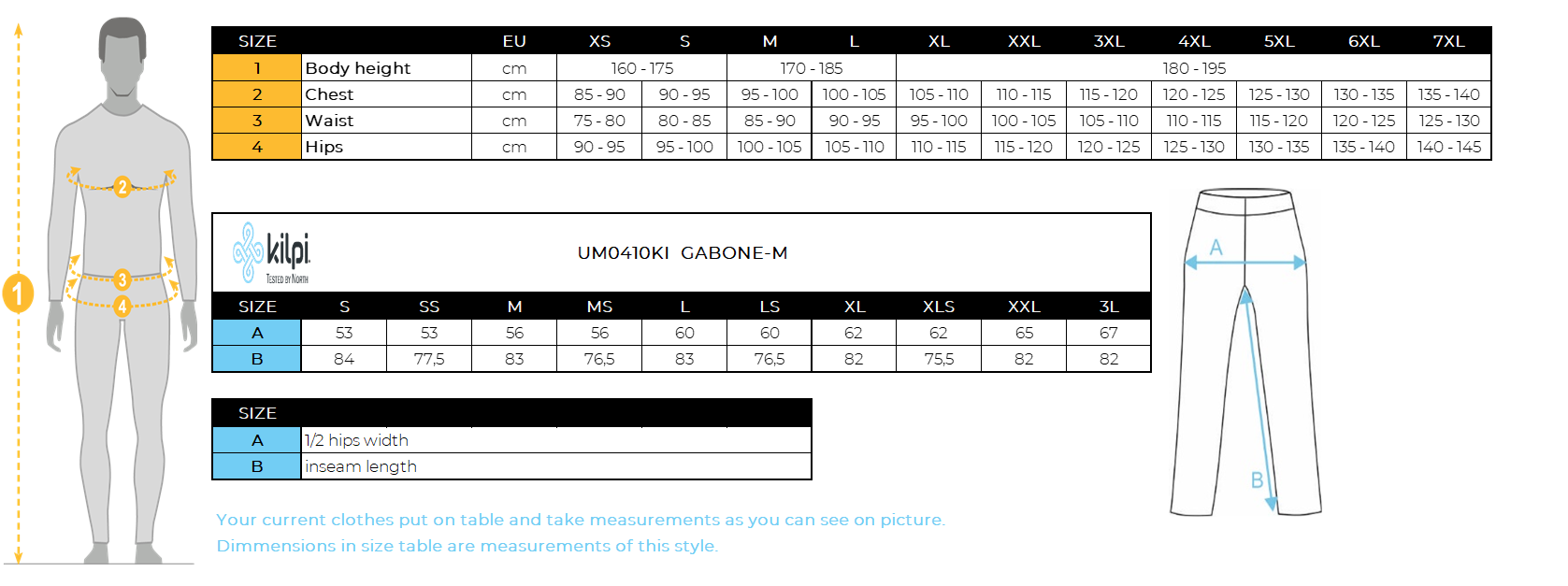 Men´s ski pants KILPI GABONE-M – Size chart