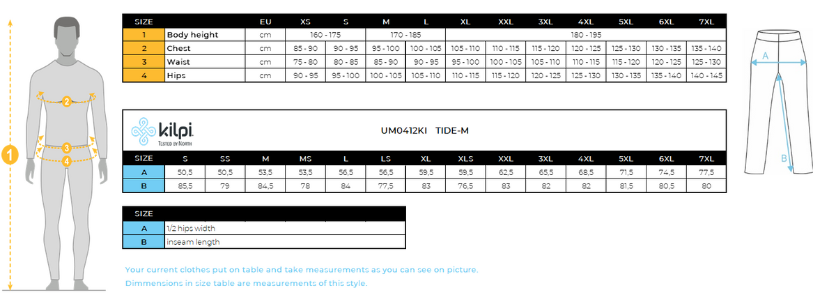 Men´s outdoor pants Kilpi TIDE-M – Size chart