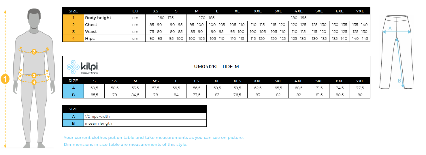 Men´s outdoor pants Kilpi TIDE-M – Size chart