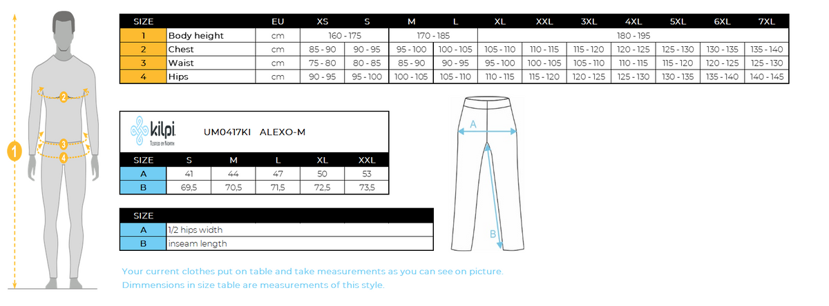Heren hardlooplegging Kilpi ALEXO-M – Maattabel