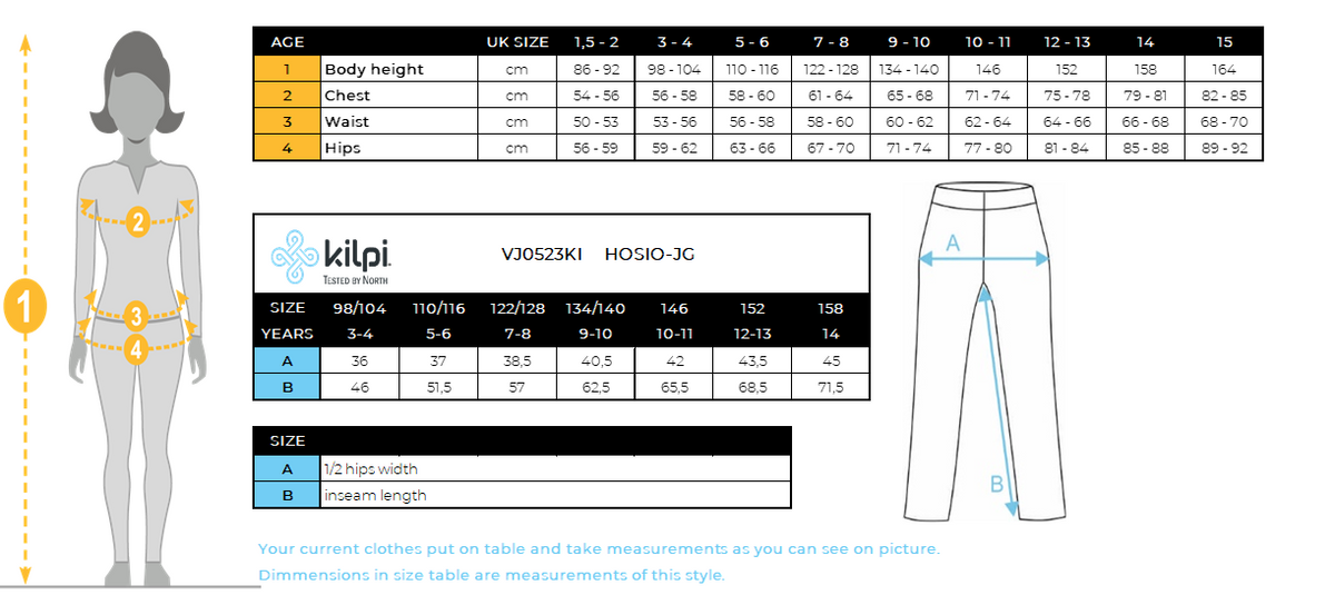 Girl´s outdoor pants Kilpi HOSIO-JG – Size chart