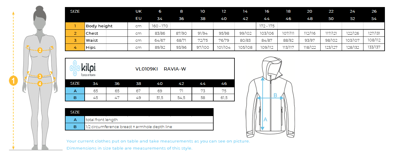 Women´s softshell jacket Kilpi RAVIA-W – Size chart