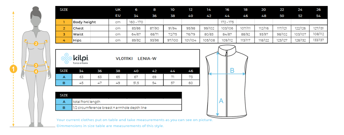 Women´s fleece vest Kilpi LENIA-W – Size chart