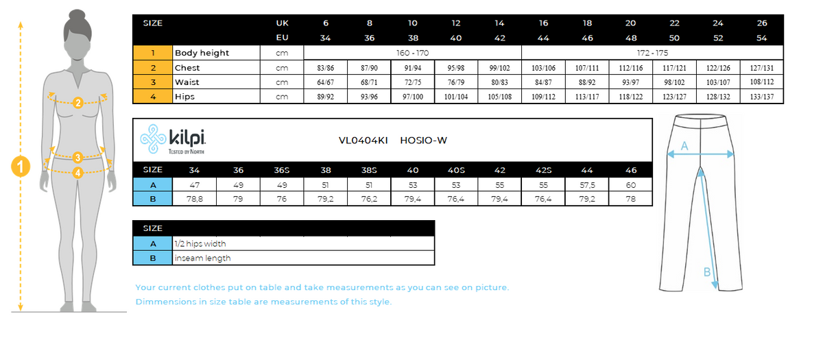 Women´s outdoor pants 2 in 1 Kilpi HOSIO-W – Size chart