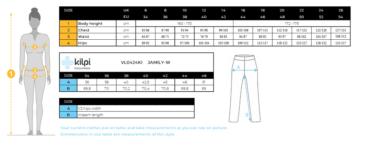 Women´s leggings Kilpi JAMILY-W – Size chart