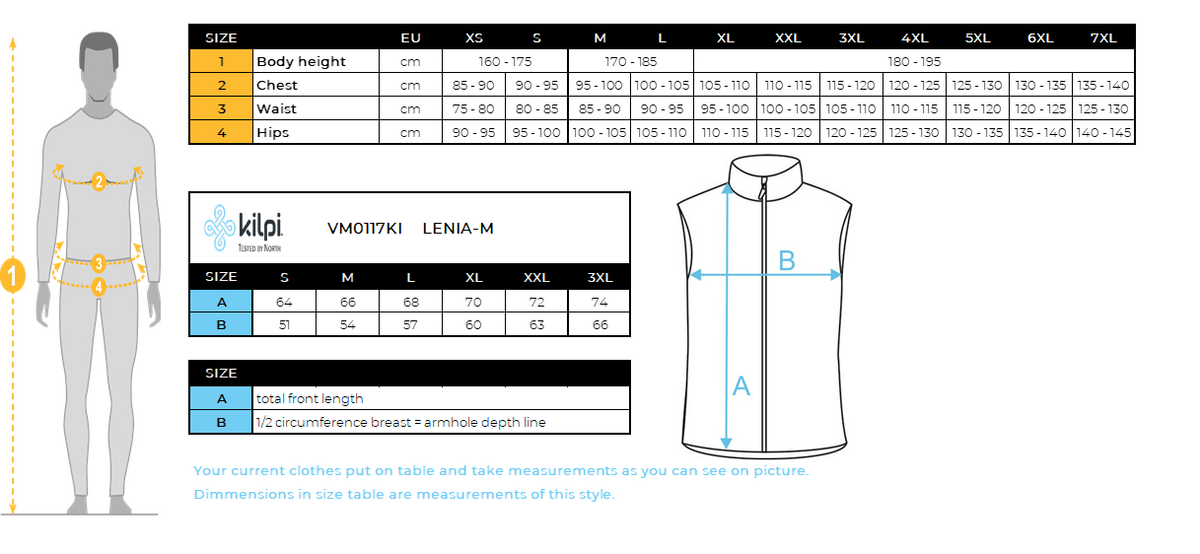 Men´s fleece vest Kilpi LENIA-M – Size chart