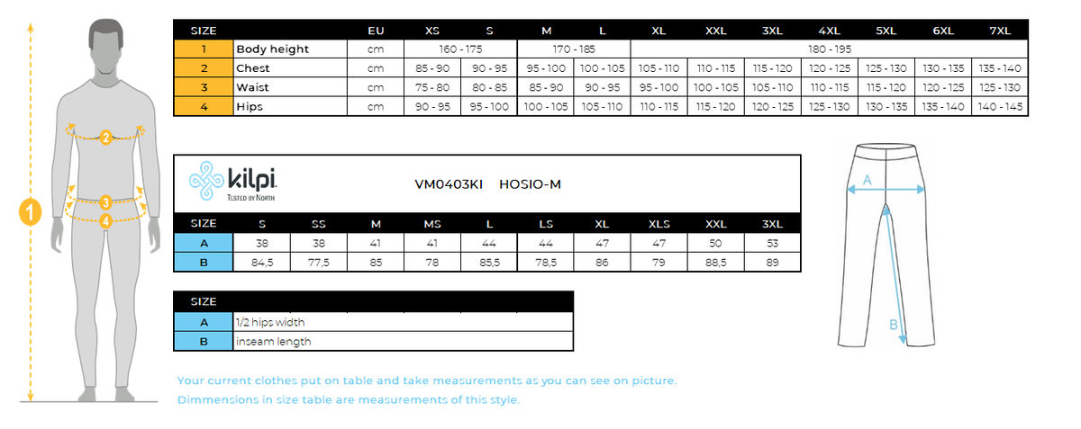 Men´s outdoor pants 2 in 1 Kilpi HOSIO-M – Size chart