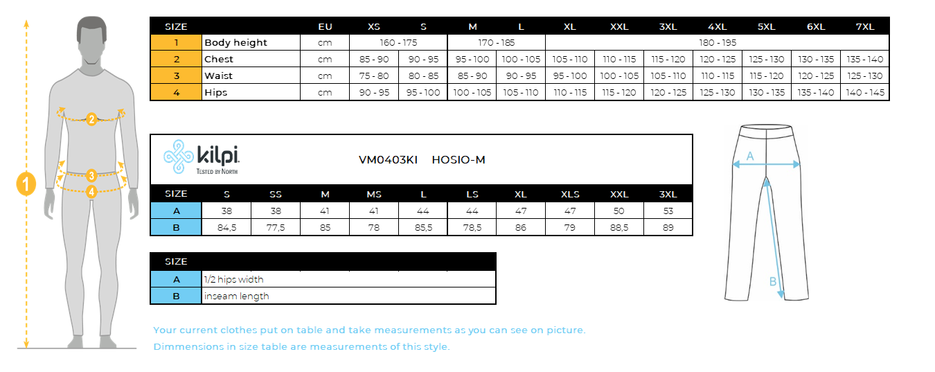 Men´s outdoor pants 2 in 1 Kilpi HOSIO-M – Size chart