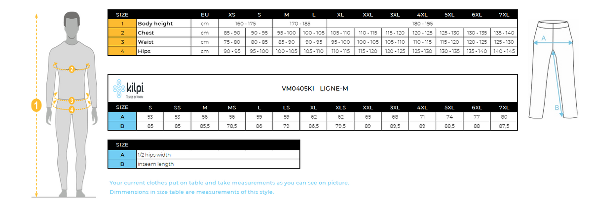 Men´s outdoor pants Kilpi LIGNE-M – Size chart