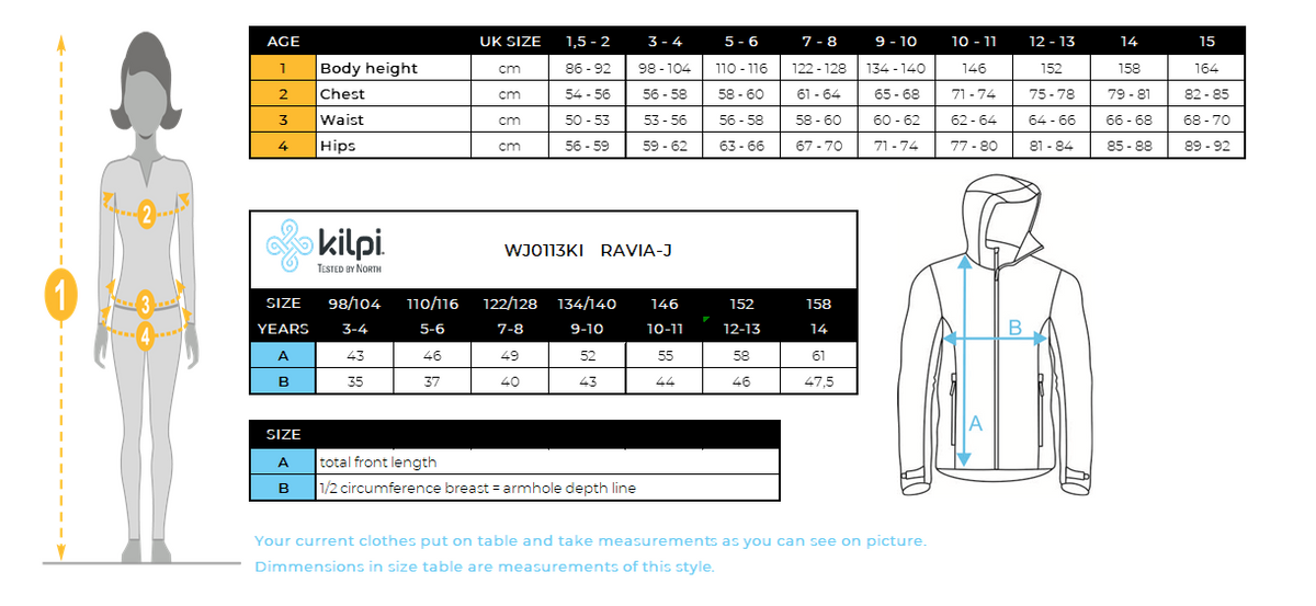 Girl´s softshell jacket Kilpi RAVIA-J – Size chart
