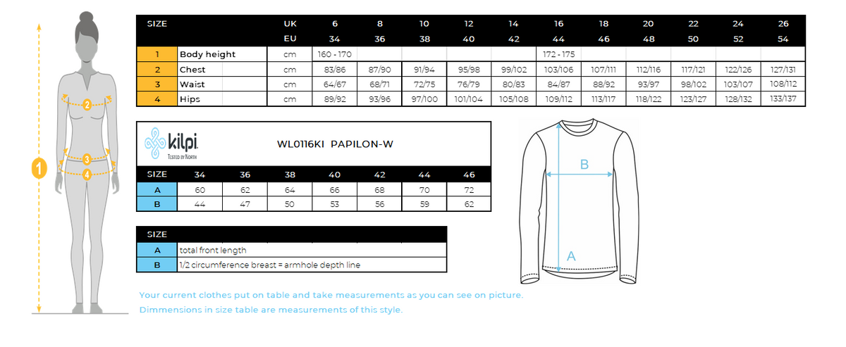 Women´s down jacket Kilpi PAPILON-W – Size chart