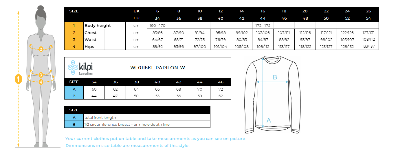 Women´s down jacket Kilpi PAPILON-W – Size chart