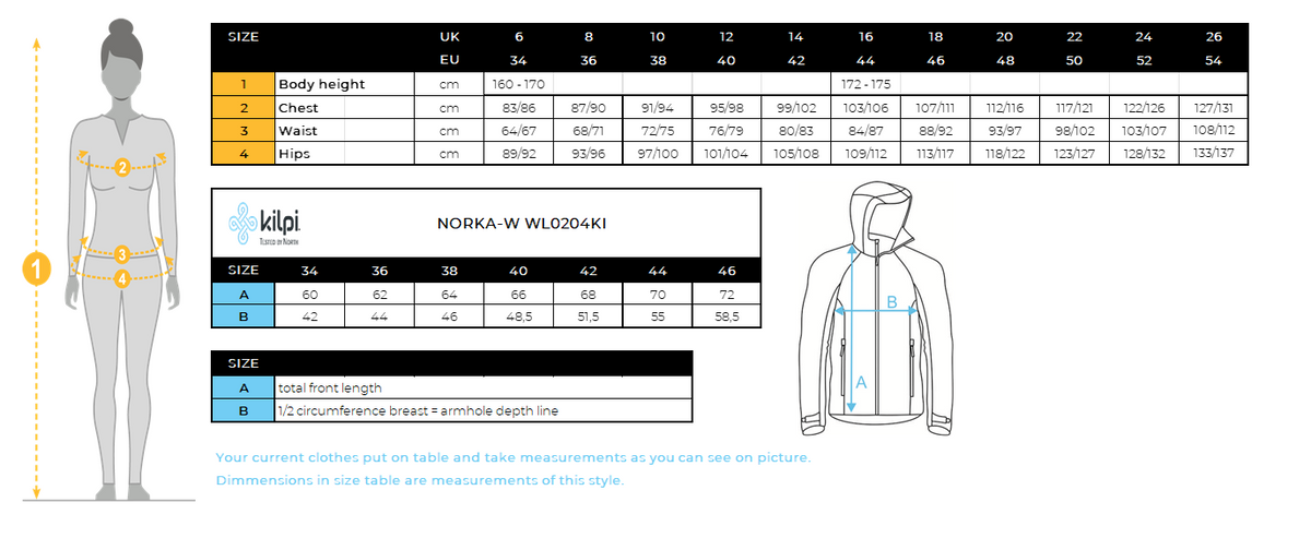 Women´s cotton hoodie Kilpi NORKA-W – Size chart