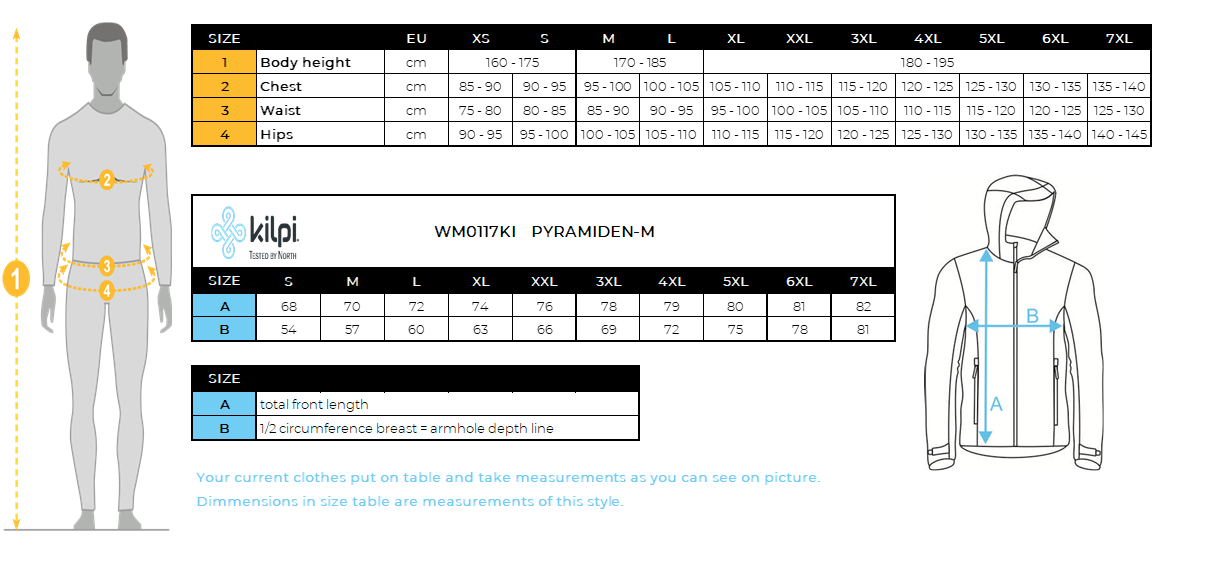 Men´s down jacket Kilpi PYRAMIDEN-M – Size chart