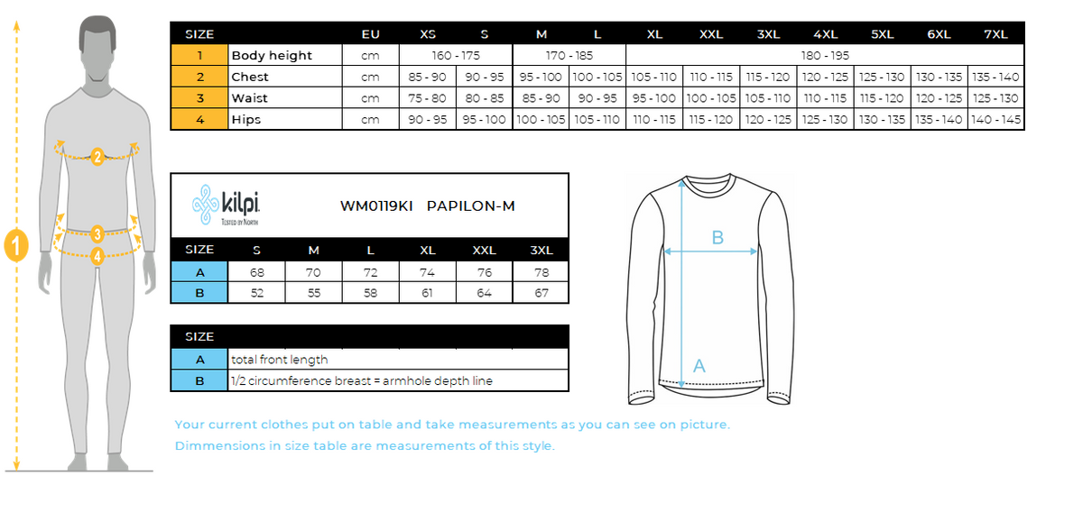 Men´s down jacket Kilpi PAPILON-M – Size chart