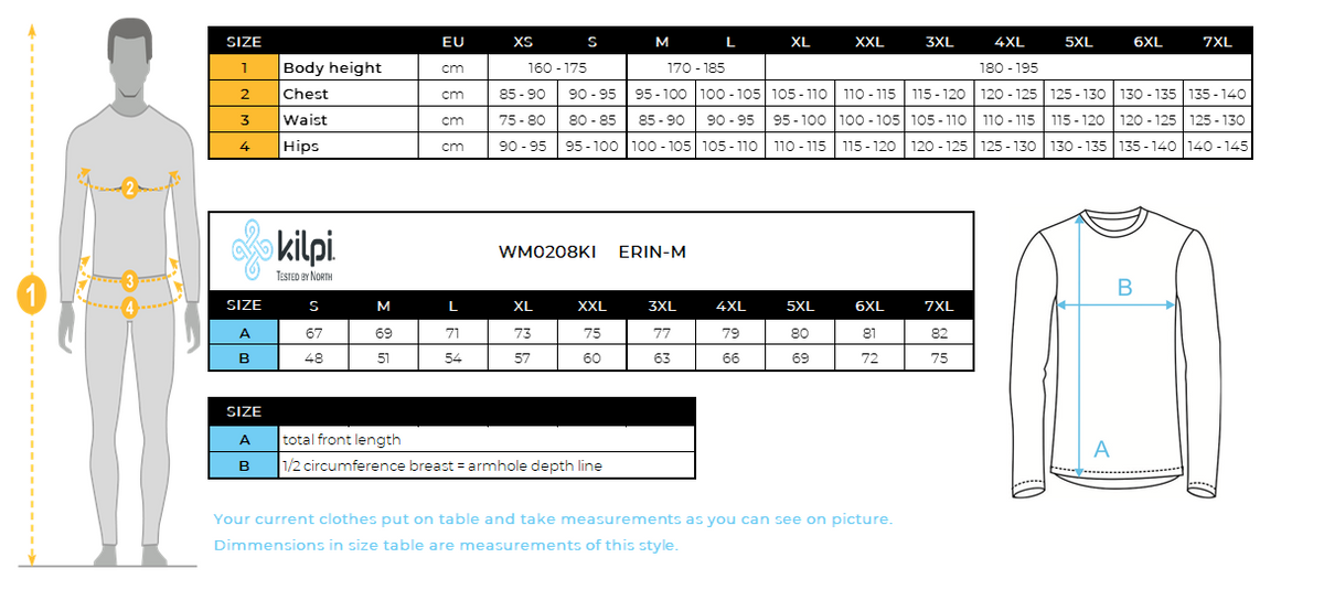 Men´s stretch middle layer Kilpi ERIN-M – Size chart