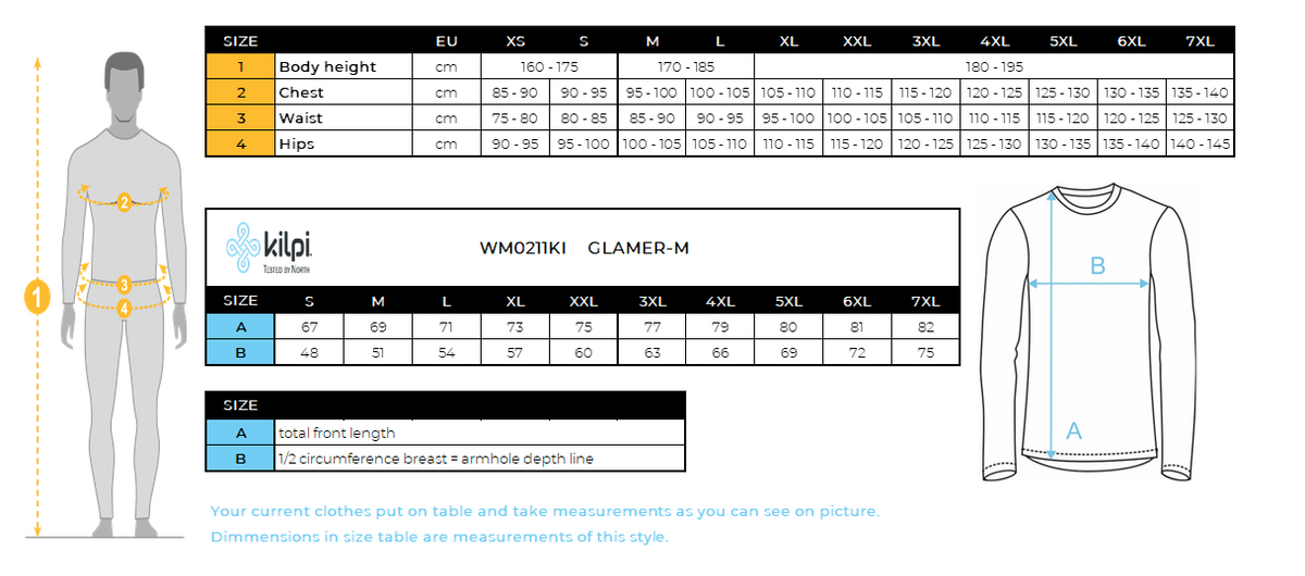 Men´s fleece middle layer Kilpi GLAMER-M – Size chart