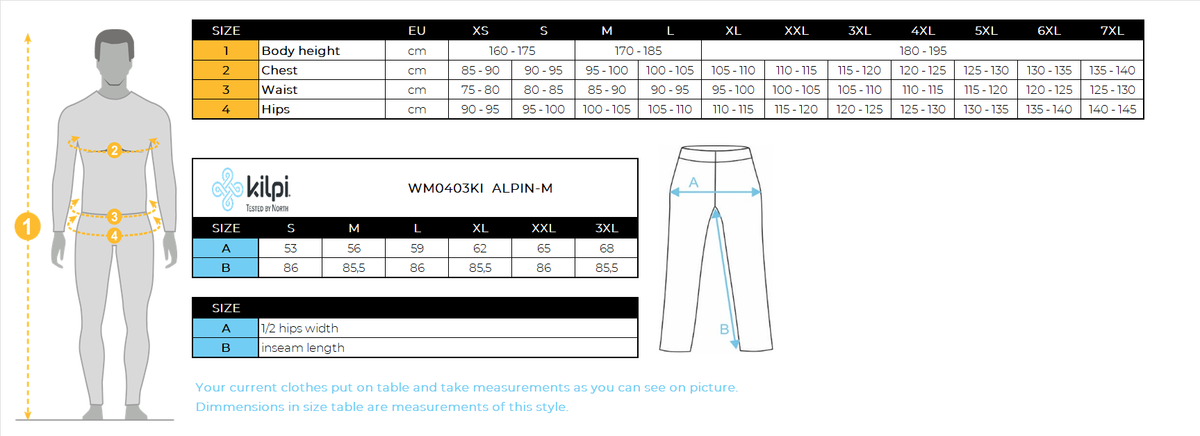 Men´s waterproof pants Kilpi ALPIN-M – Size chart