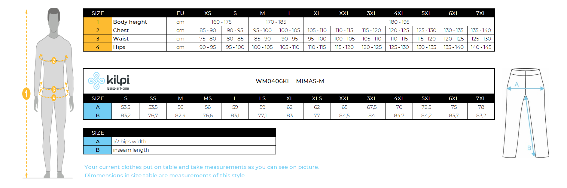 Men´s ski pants Kilpi MIMAS-M – Size chart