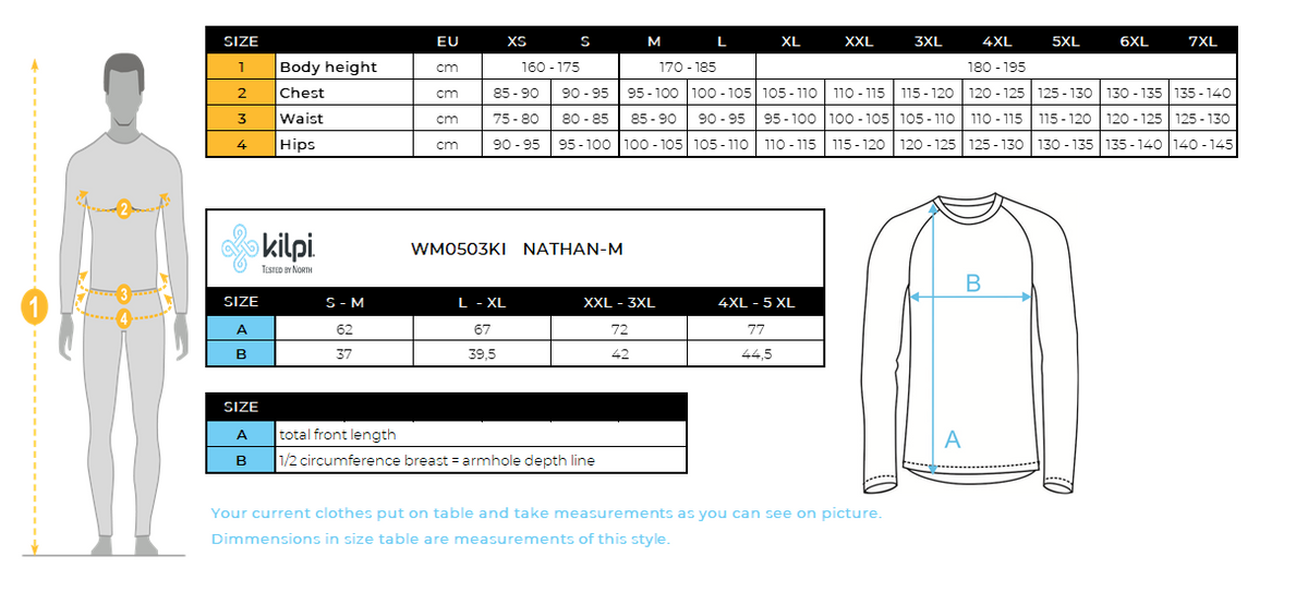 Men´s baselayer Kilpi NATHAN-M – Size chart