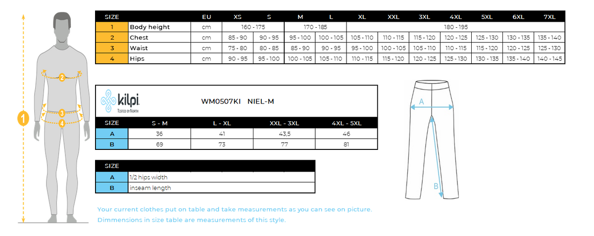Men´s baselayer Kilpi NIEL-M – Size chart