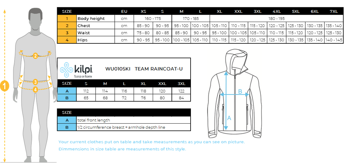 Ski regenjas Kilpi TEAM RAINCOAT-U – Maattabel